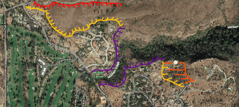 Map marking flammable material areas for the fuel break:  Atlas Peak, Westgate, the Crest and the Highlands. Colors note varying priorities, although work was completed in each area.