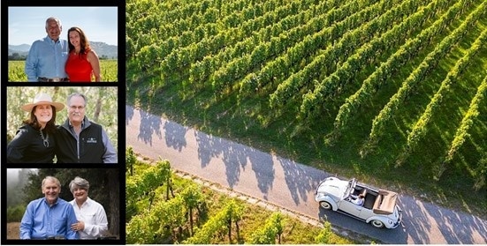 classic car driving through a vineyard with three inset photos of each host couple