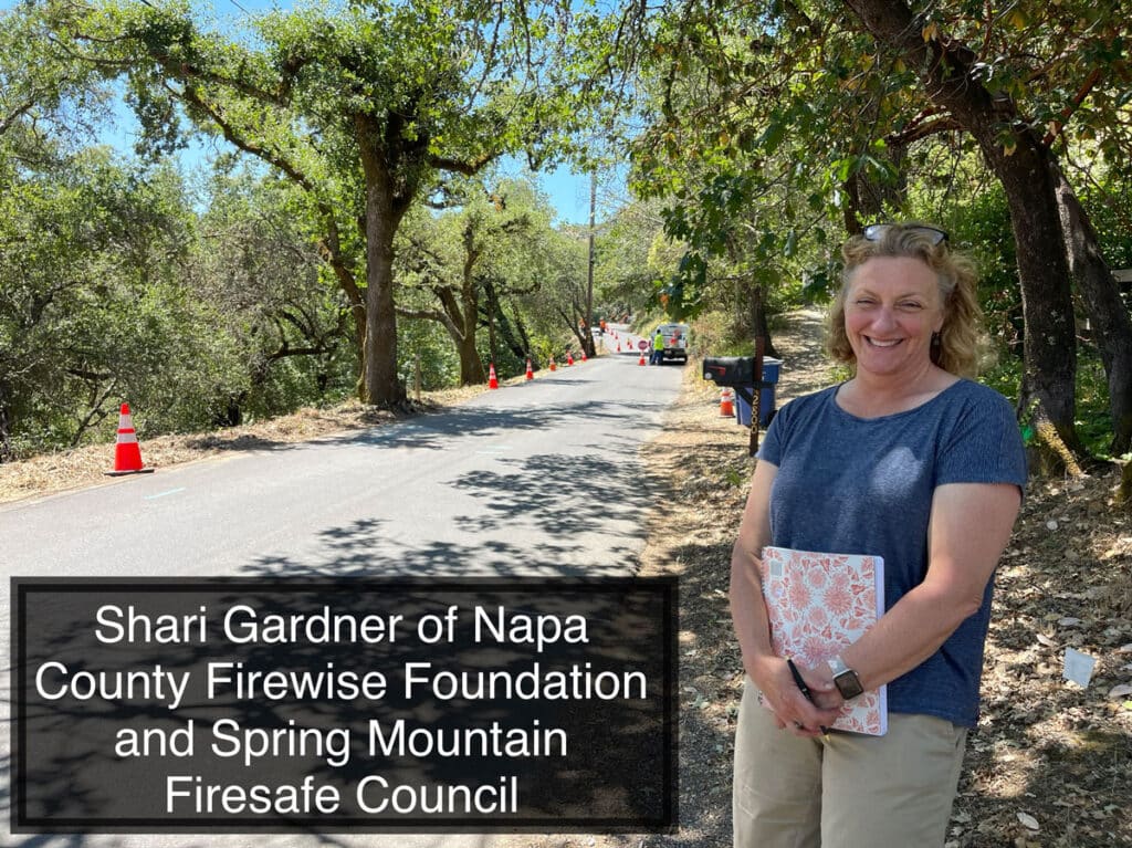 Street view of cleaned up bushes and trees with Shari Gardner in blue shirt smiling
