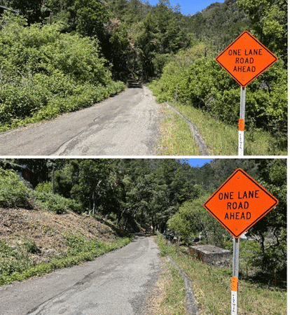 Roadside debris and trees clean up before and after images with orange road sign on right side