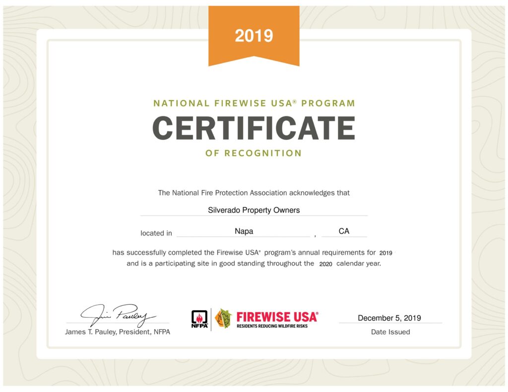 National Firewise USA Program Certificate of Recognition for Silverado Fire Safe Council