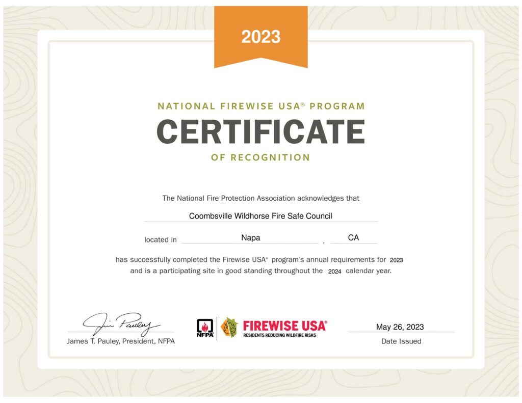 National Firewise USA Program Certificate for Coombsville Wildhorse FSC