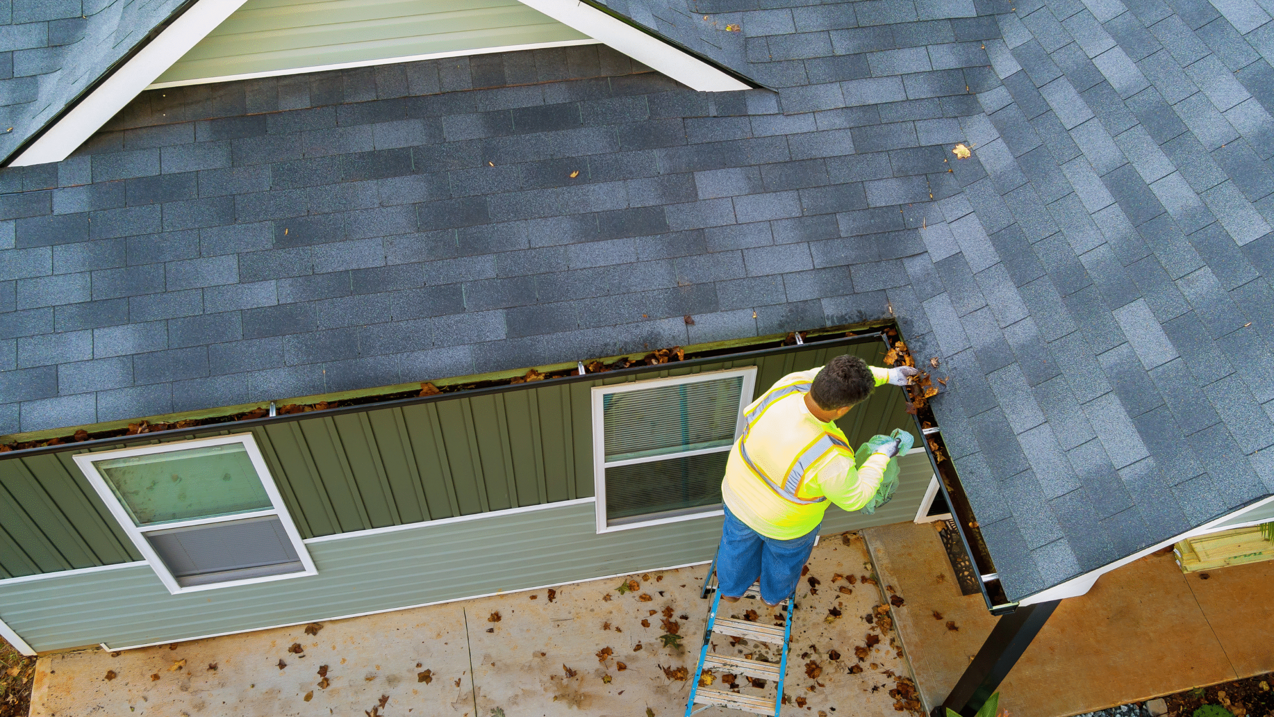 man on a ladder cleaning gutters of a house