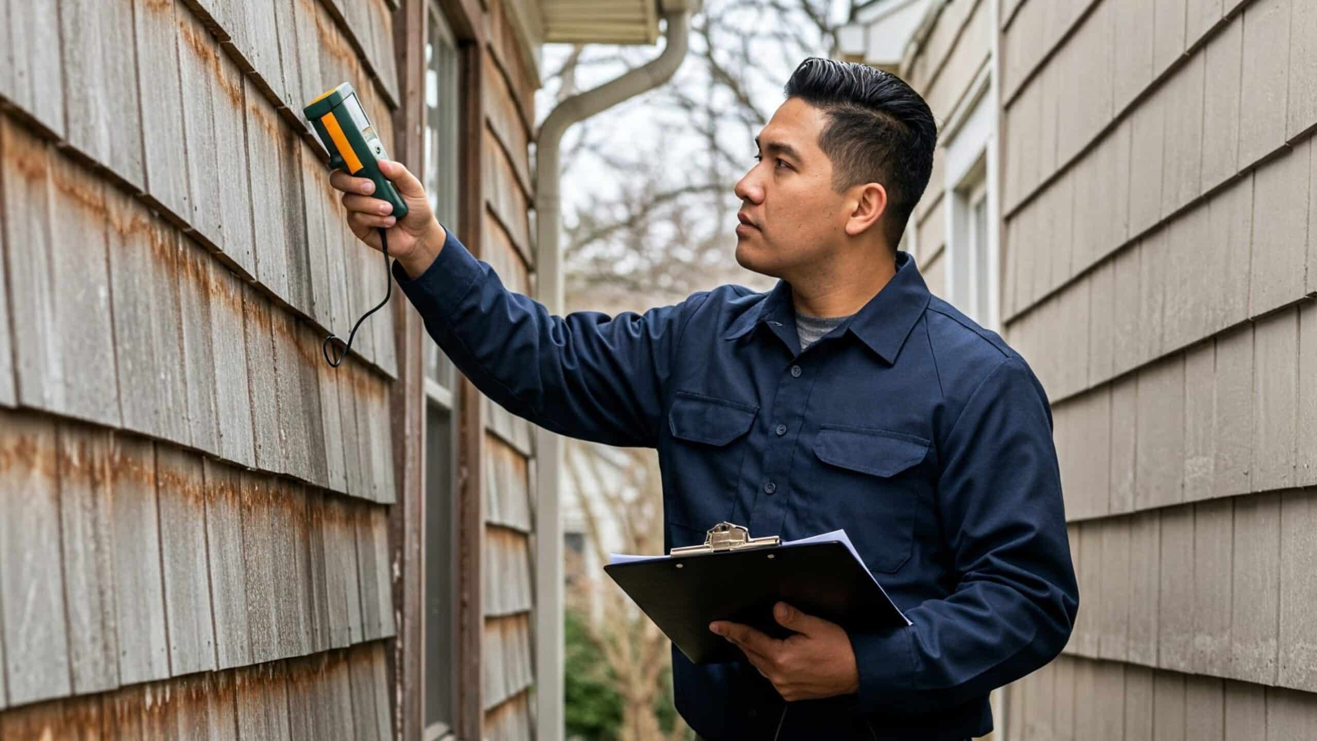 man inspecting home while holding a clipboard
