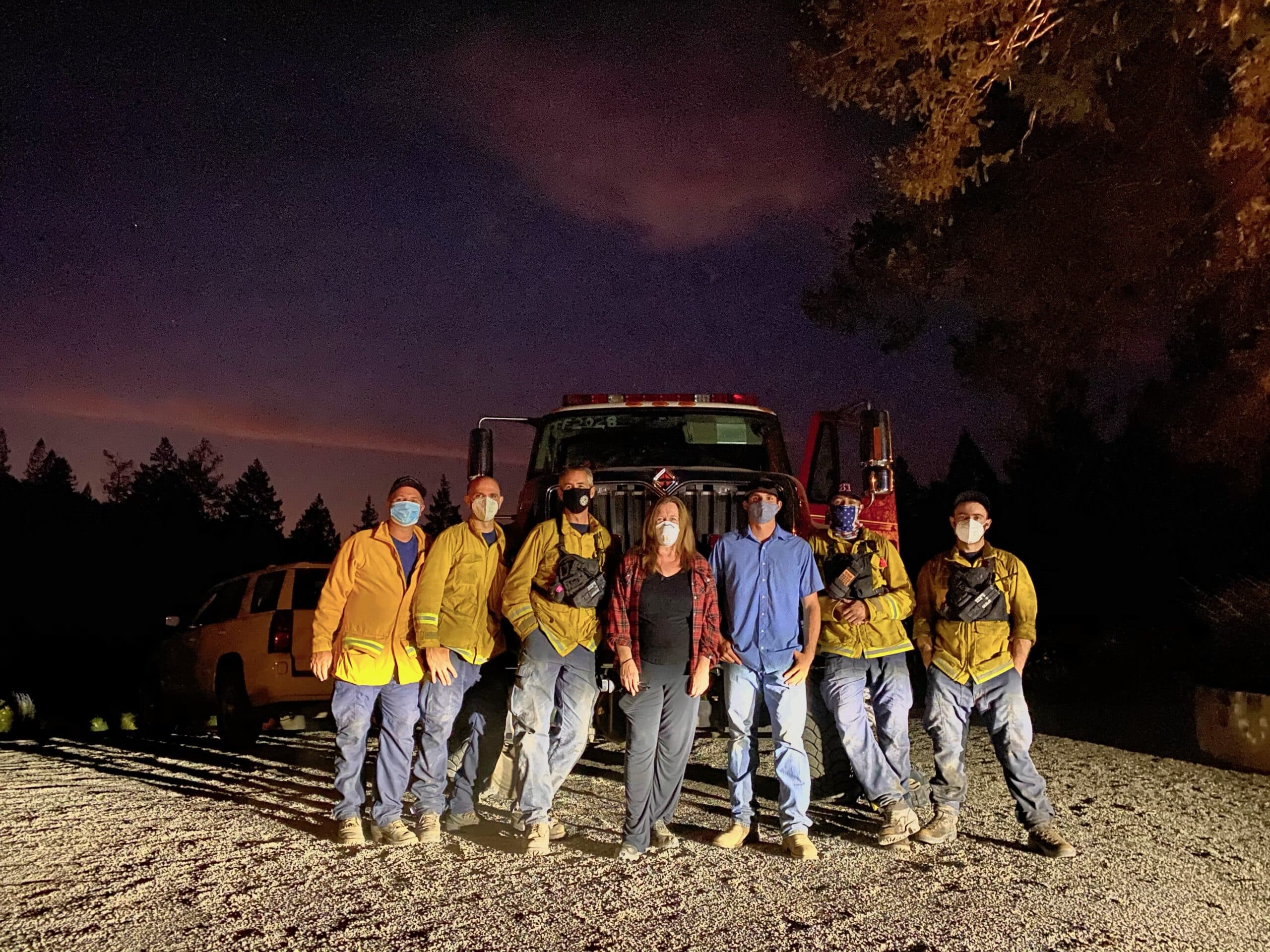 Pam Bergman with the firefighting strike team at her Spring Mountain property